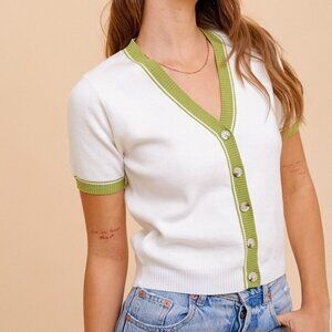 HEM & THREAD White & Green Short Sleeve Button-Up Cardigan Top, Contrast Trim